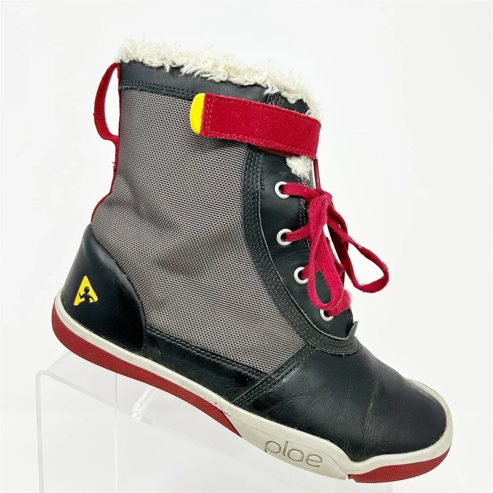 PLAE Noel Winter Snow Boots Unisex Kids Black Red Waterproof Faux Fur Size 4.5